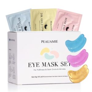 PEAUAMIE Under Eye Patches (30 Pairs) Gold Eye Mask and Hyaluronic Acid Eye Patches